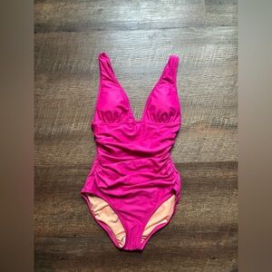 J.Crew Ruched V Neck One Piece Swimsuit Fuchsia Pink sexy bathing suit Sz 4 NWT